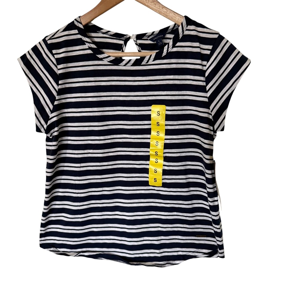 Nautica Striped T-Shirt Women Small Navy White NWT Keyhole Back Short Sleeve